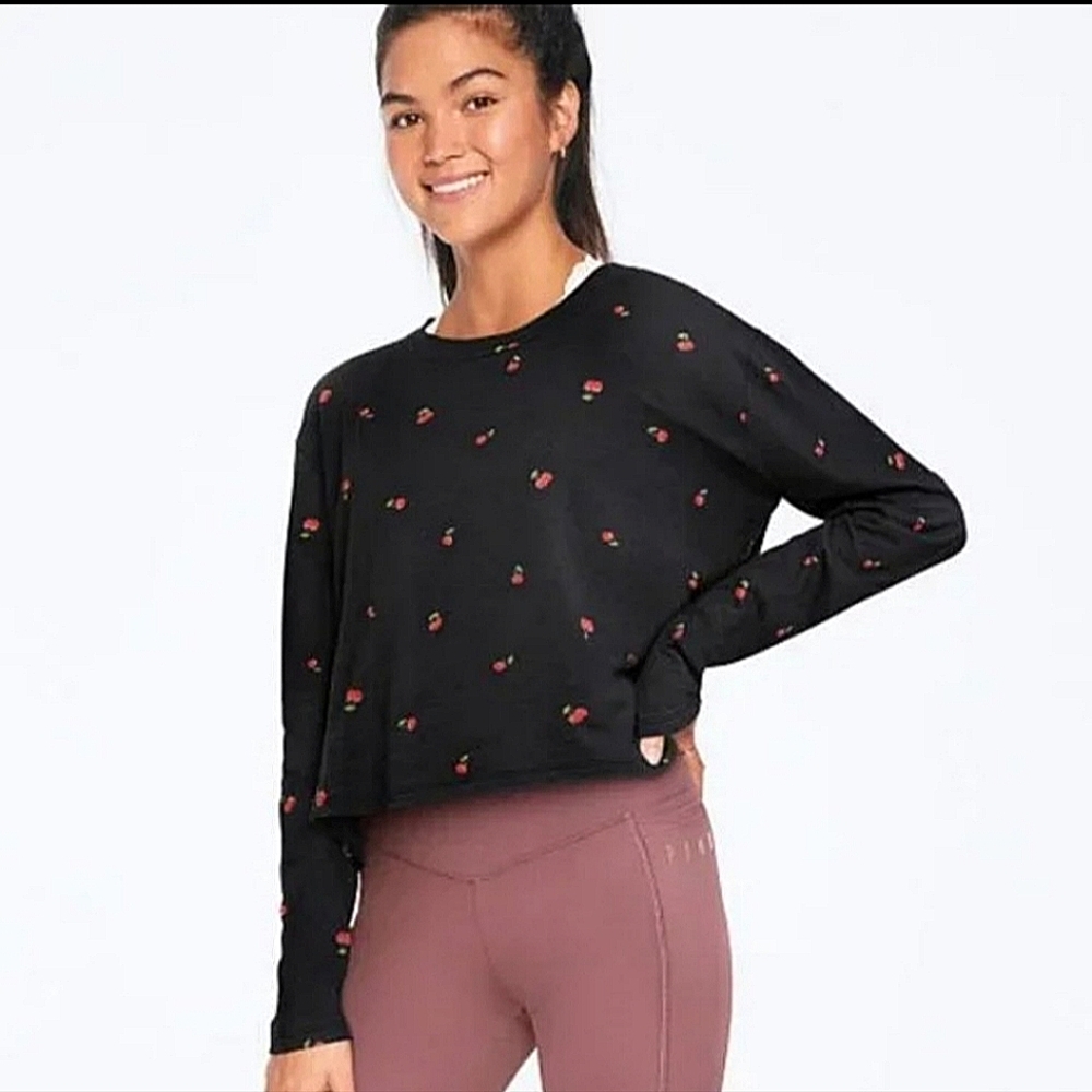 PINK VS Cherry Print Long Sleeve Semi Crop Top